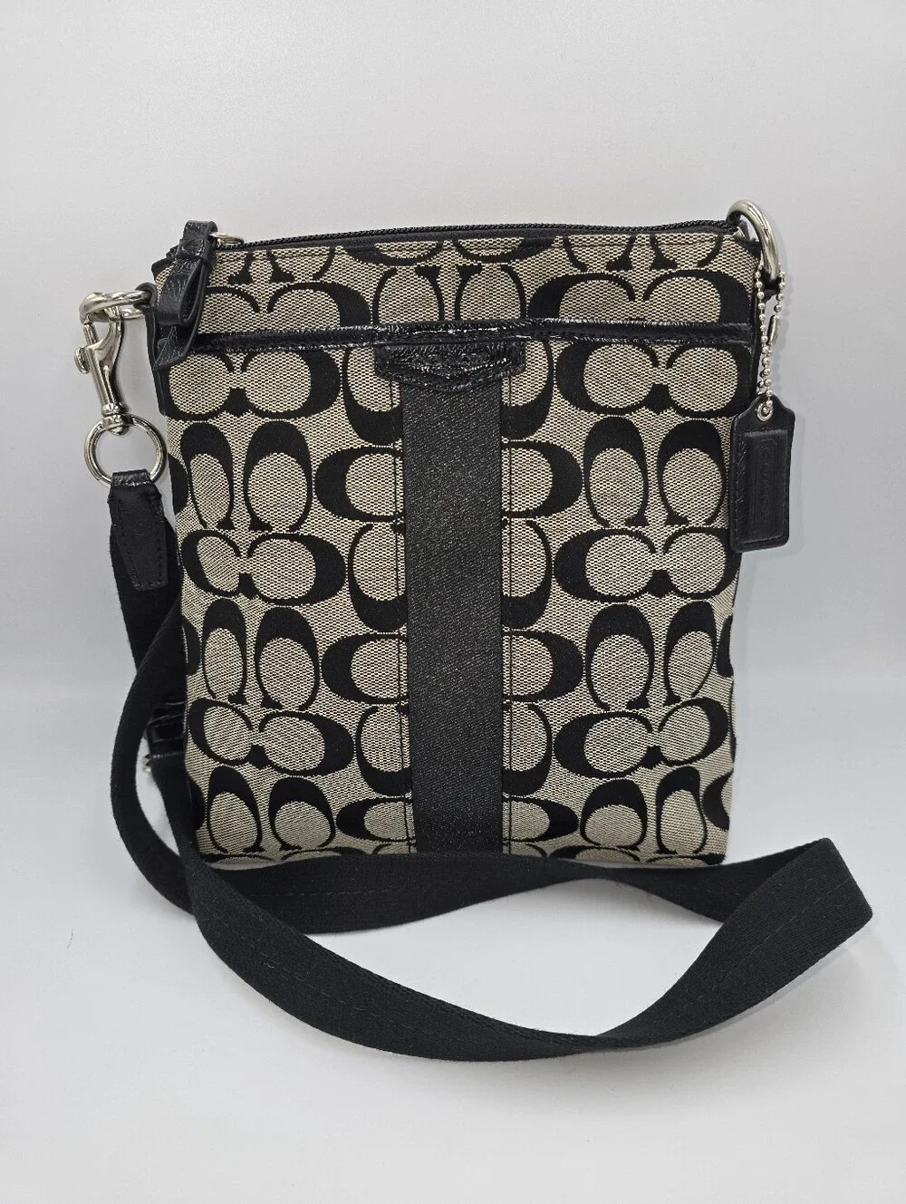 COACH Swingpack Black Beige/Grey Logo Jacquard Crossbody Bag Black Leather Trim